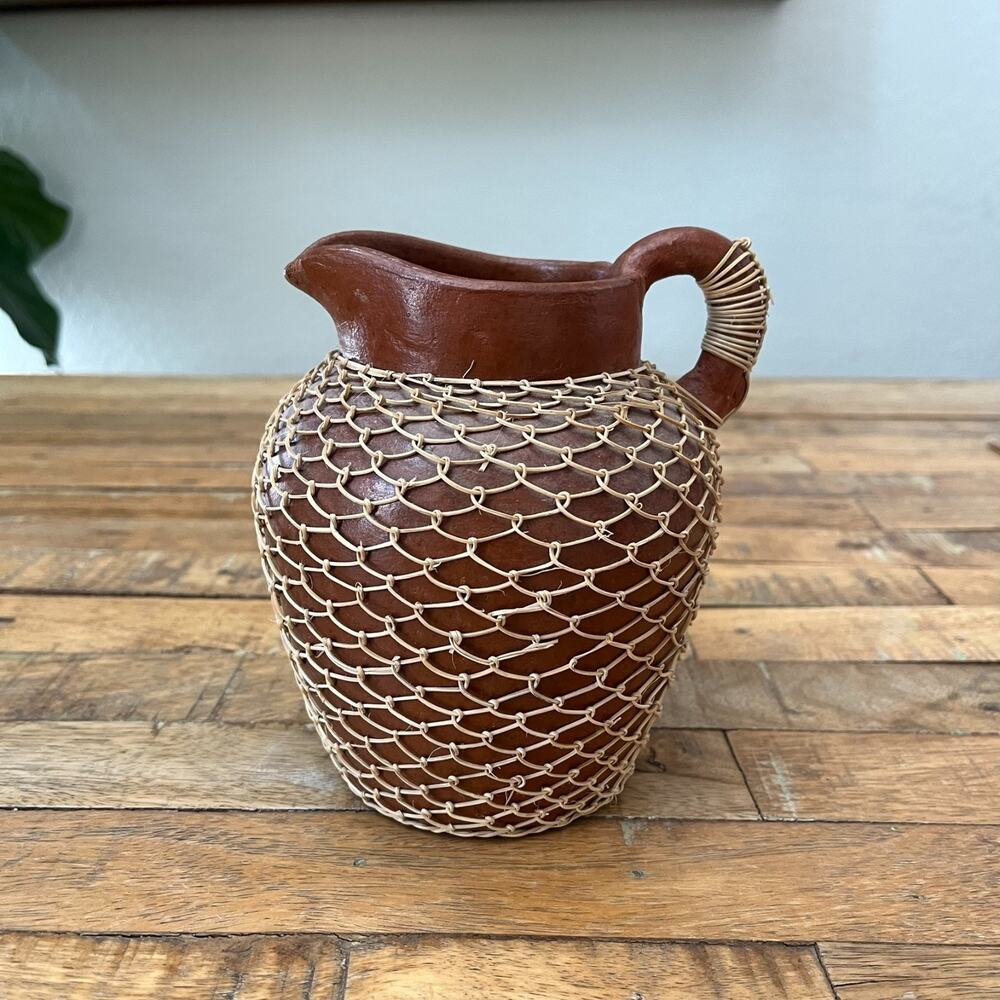 Terracotta Earthenware Pitcher Hand-looped Rattan Netting 6.25” Tall